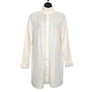 Karen Scott Long Cardigan Sweater Womens PM Ivory‎ Cable Knit Duster Y2K